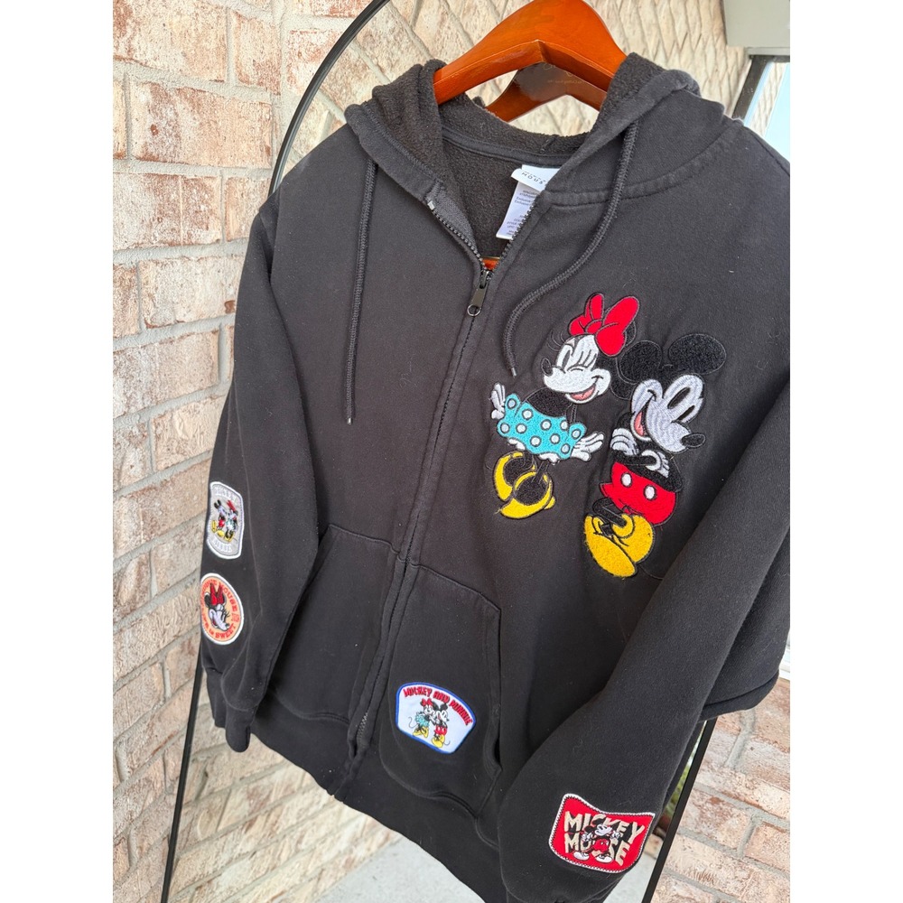 Disney Mickey Mouse Minnie Mouse Black Zip Up Hoodie Patch Sweatshirt Medium